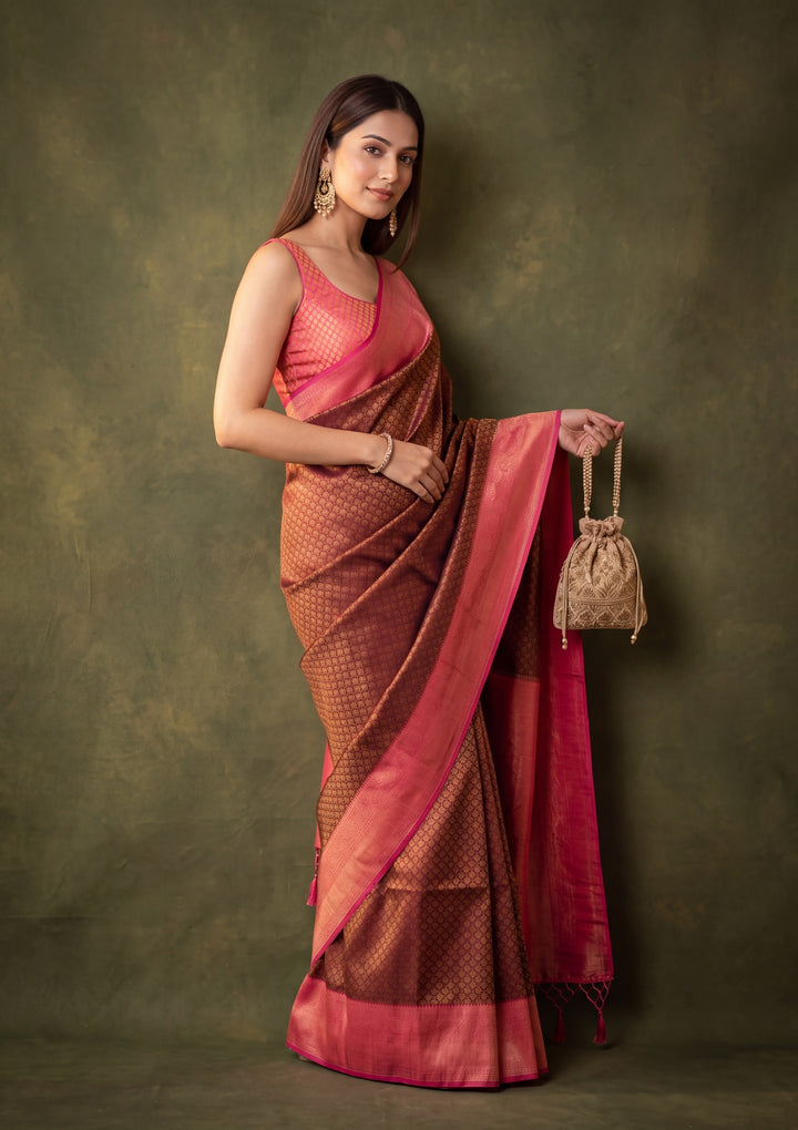 Maroon Art Silk Jaal Saree With Matching Blouse Piece