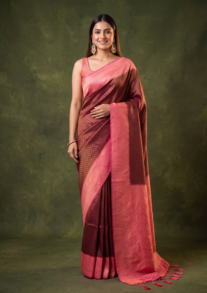 Maroon Art Silk Jaal Saree With Matching Blouse Piece