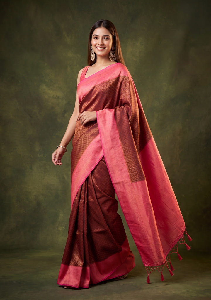 Maroon Art Silk Jaal Saree With Matching Blouse Piece
