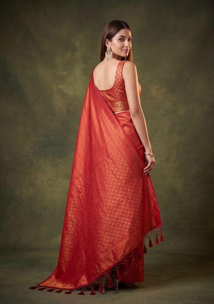 Maroon Art Silk Jaal Kanjivaram Saree With Matching Blouse Piece