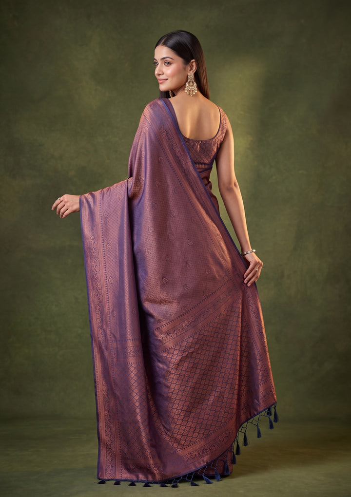 Navy Blue Art Silk Jaal Saree With Matching Blouse Piece