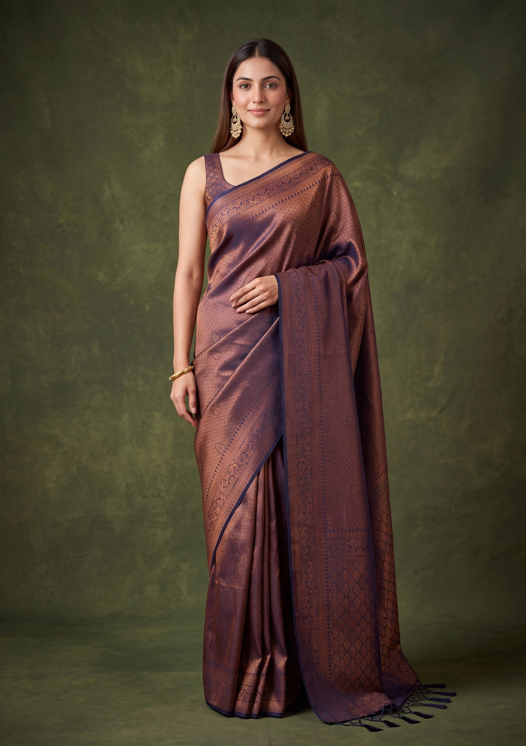 Navy Blue Art Silk Jaal Saree With Matching Blouse Piece