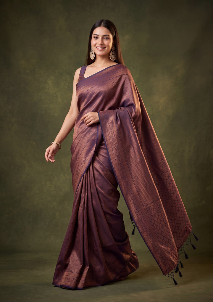 Navy Blue Art Silk Jaal Saree With Matching Blouse Piece