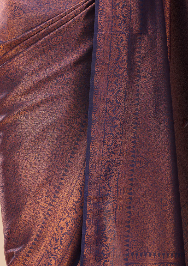 Navy Blue Art Silk Jaal Saree With Matching Blouse Piece