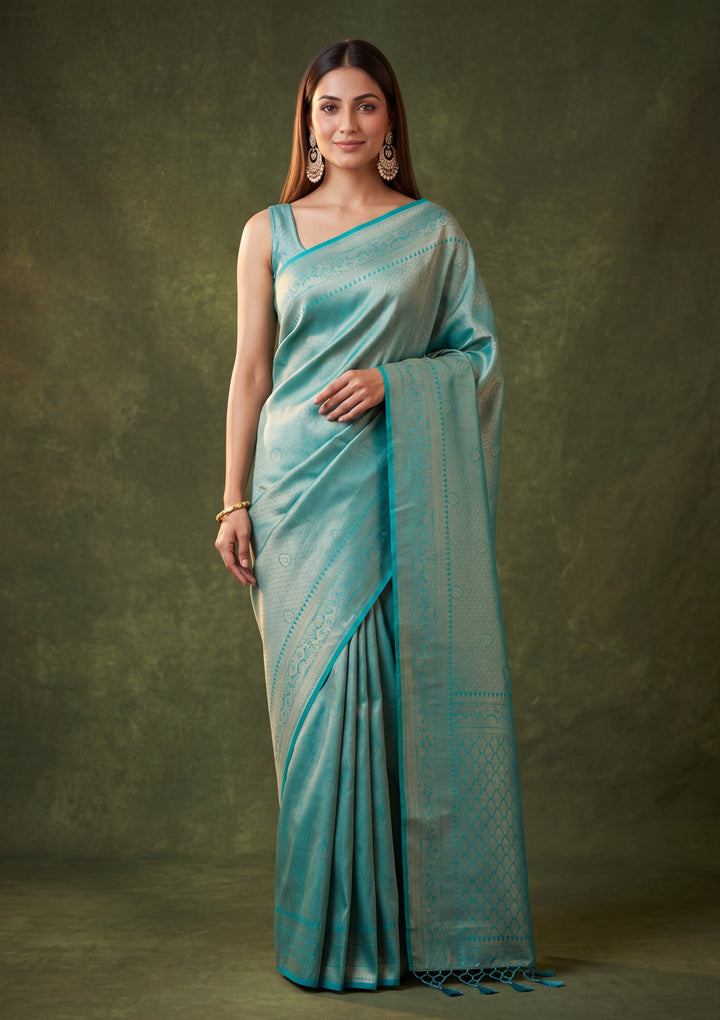 Rama Green Art Silk Jaal Saree With Matching Blouse Piece