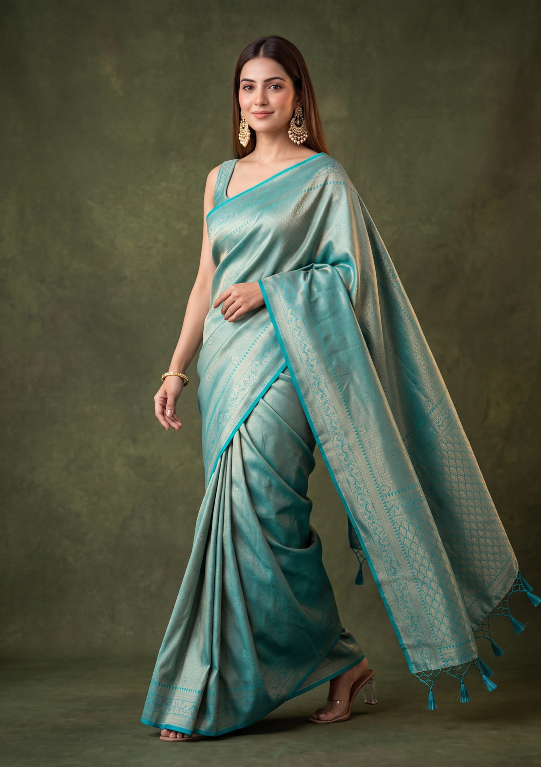 Rama Green Art Silk Jaal Saree With Matching Blouse Piece