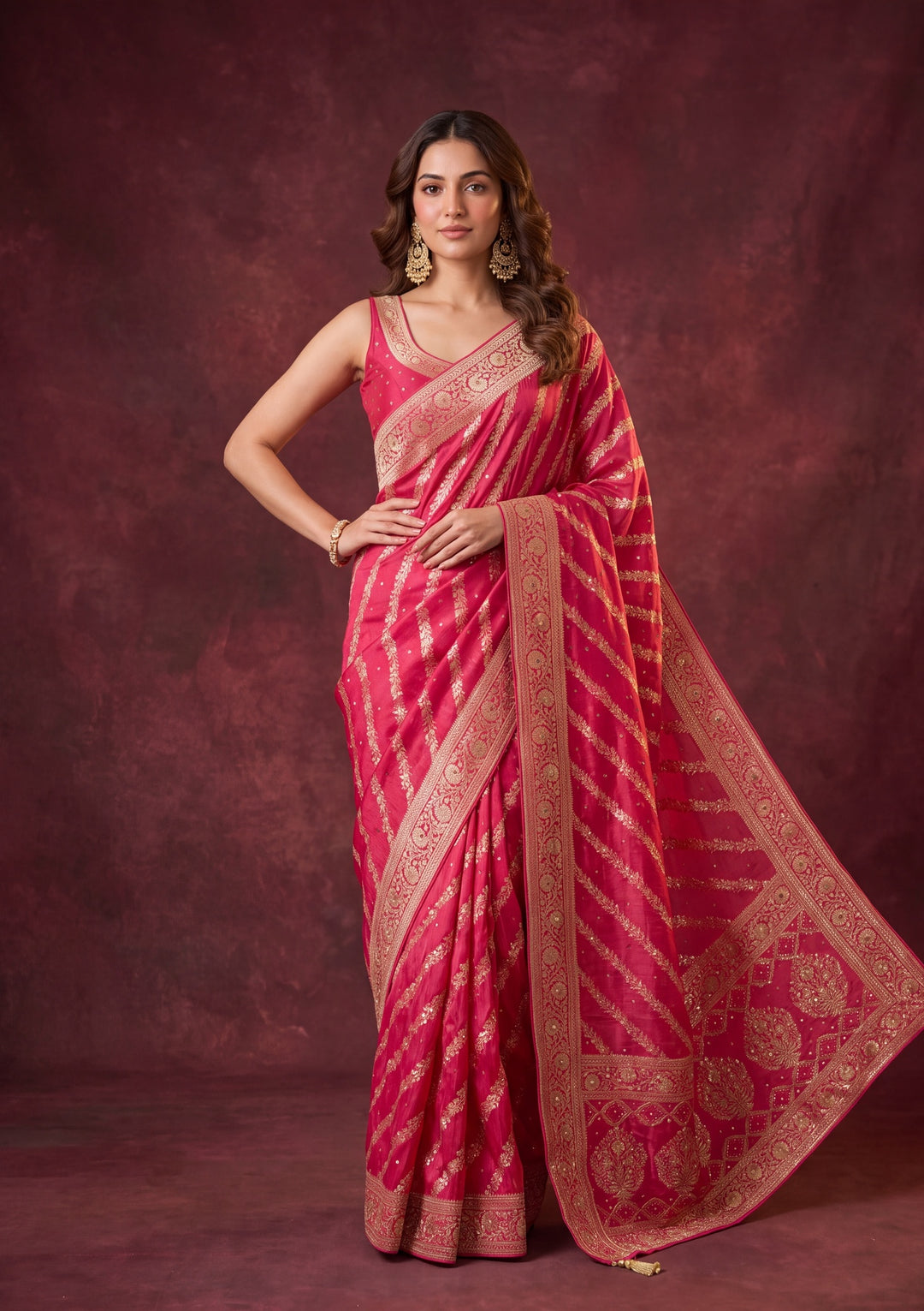 Rani Pink Art Silk Jaal Cutdana Saree With Matching Blouse Piece