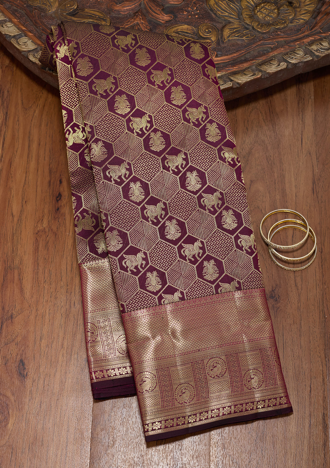 Wine Pure Silk Jaal Saree With Matching Blouse Piece