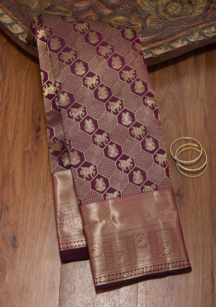 Wine Pure Silk Jaal Saree With Matching Blouse Piece
