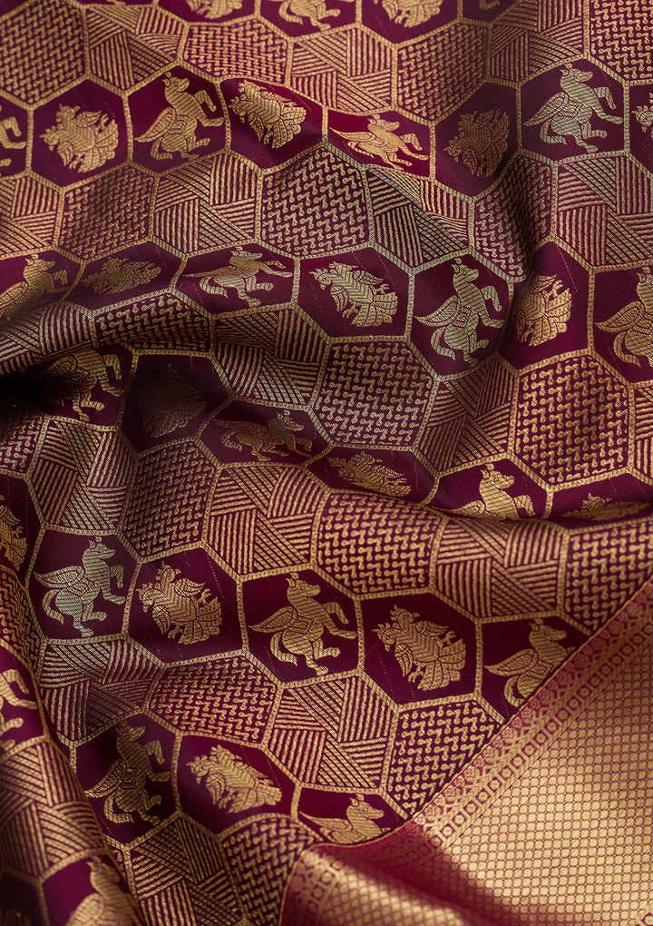 Wine Pure Silk Jaal Saree With Matching Blouse Piece