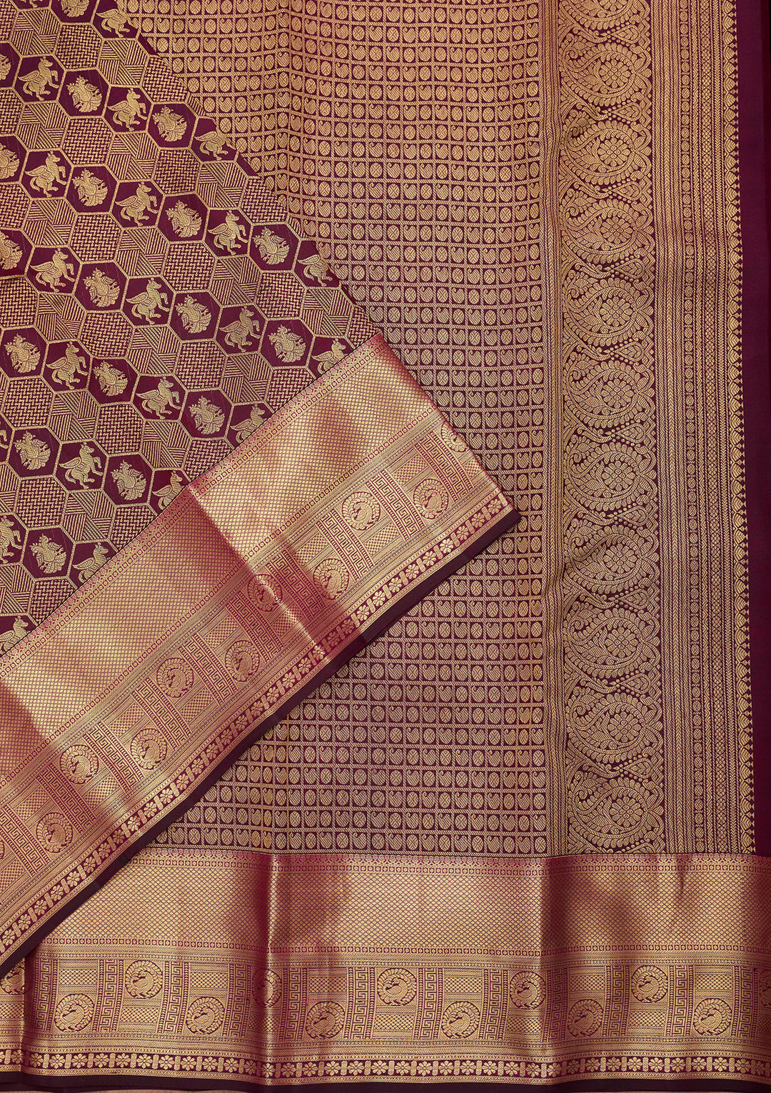 Wine Pure Silk Jaal Saree With Matching Blouse Piece