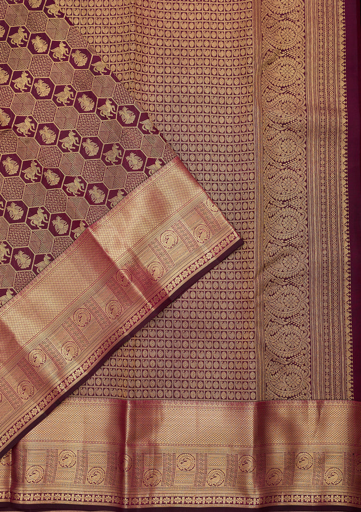 Wine Pure Silk Jaal Saree With Matching Blouse Piece