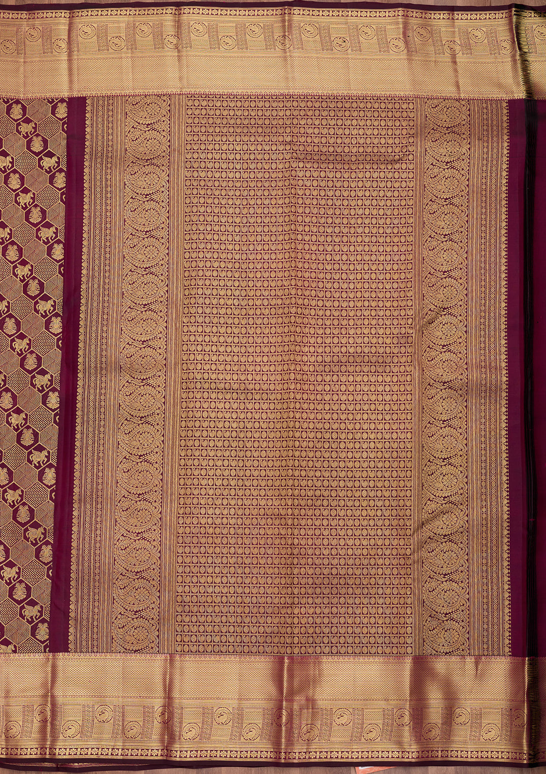 Wine Pure Silk Jaal Saree With Matching Blouse Piece