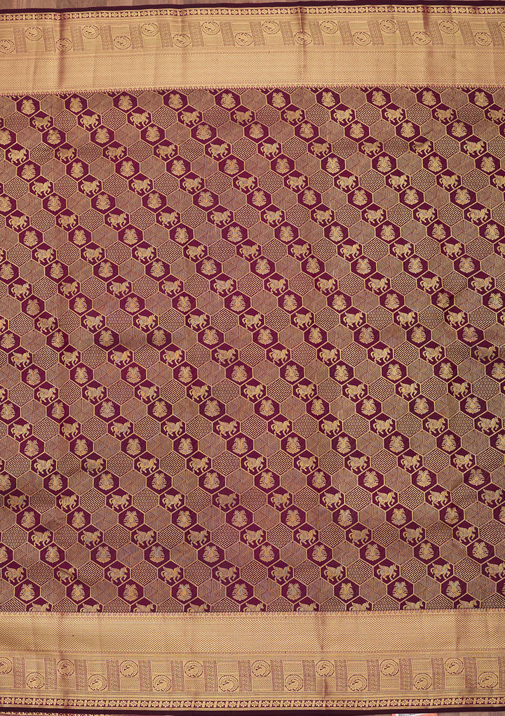 Wine Pure Silk Jaal Saree With Matching Blouse Piece