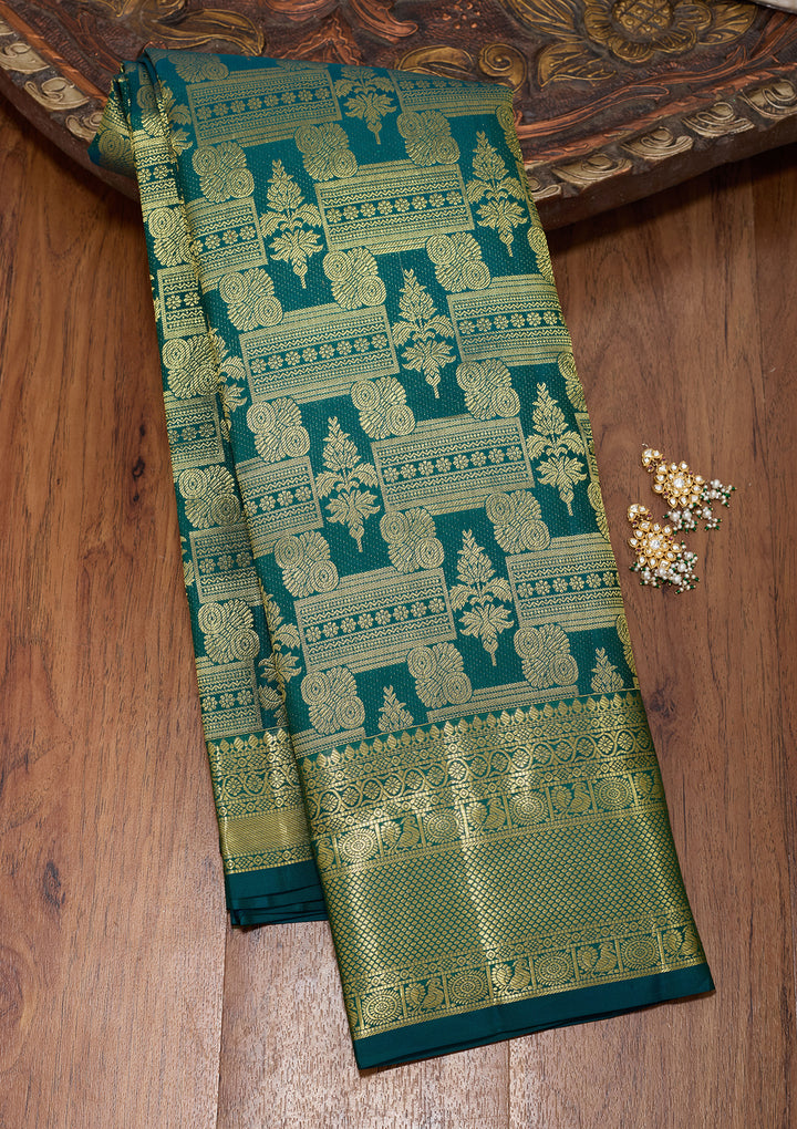 Bottle Green Pure Silk Jaal Saree With Matching Blouse Piece