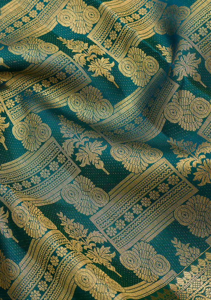 Bottle Green Pure Silk Jaal Saree With Matching Blouse Piece