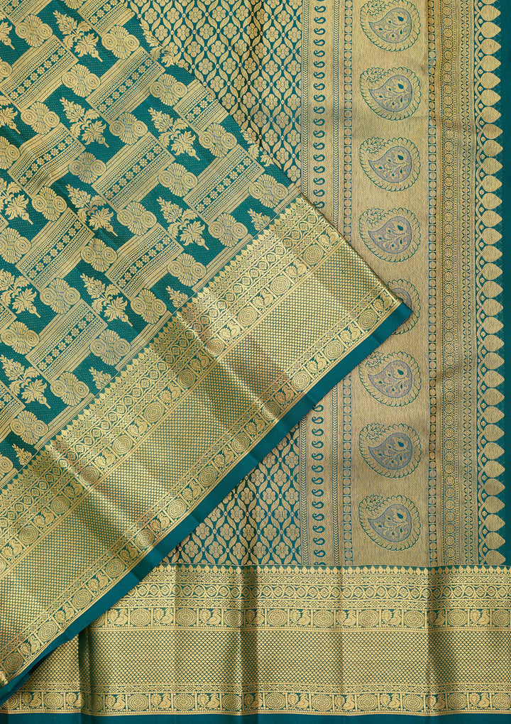 Bottle Green Pure Silk Jaal Saree With Matching Blouse Piece
