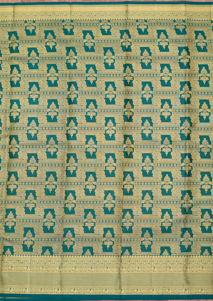 Bottle Green Pure Silk Jaal Saree With Matching Blouse Piece