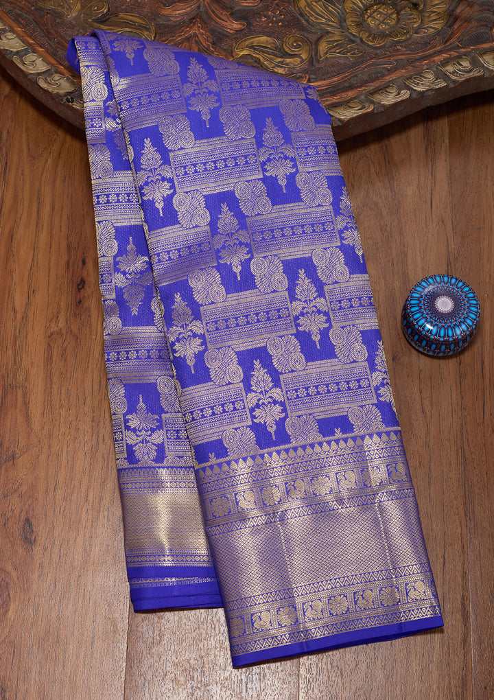 Royal Blue Pure Silk Jaal Saree With Matching Blouse Piece