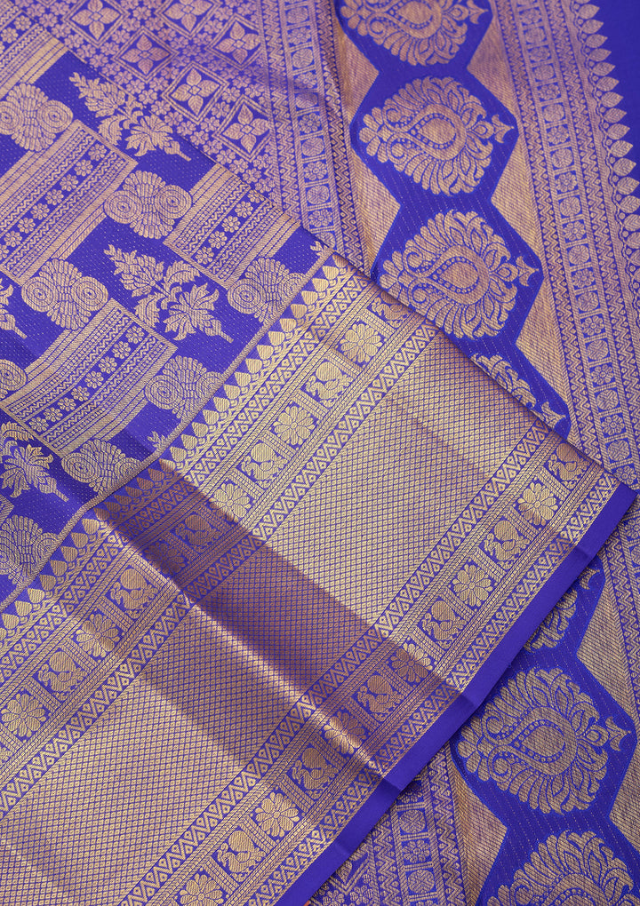 Royal Blue Pure Silk Jaal Saree With Matching Blouse Piece