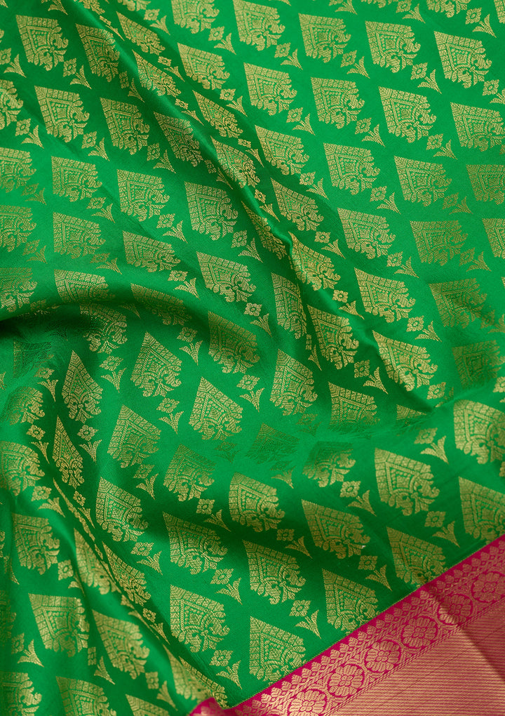 Rama Green Pure Silk Jaal Saree With Matching Blouse Piece