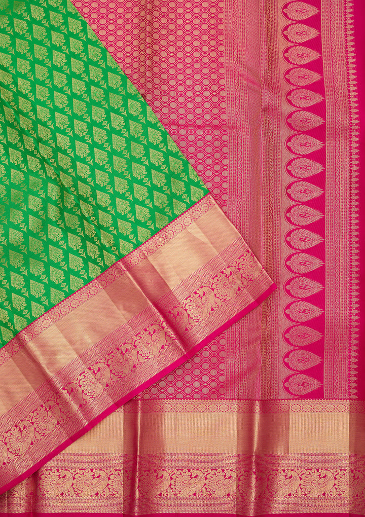 Rama Green Pure Silk Jaal Saree With Matching Blouse Piece
