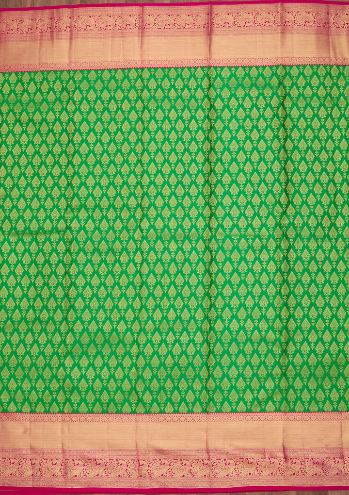 Rama Green Pure Silk Jaal Saree With Matching Blouse Piece