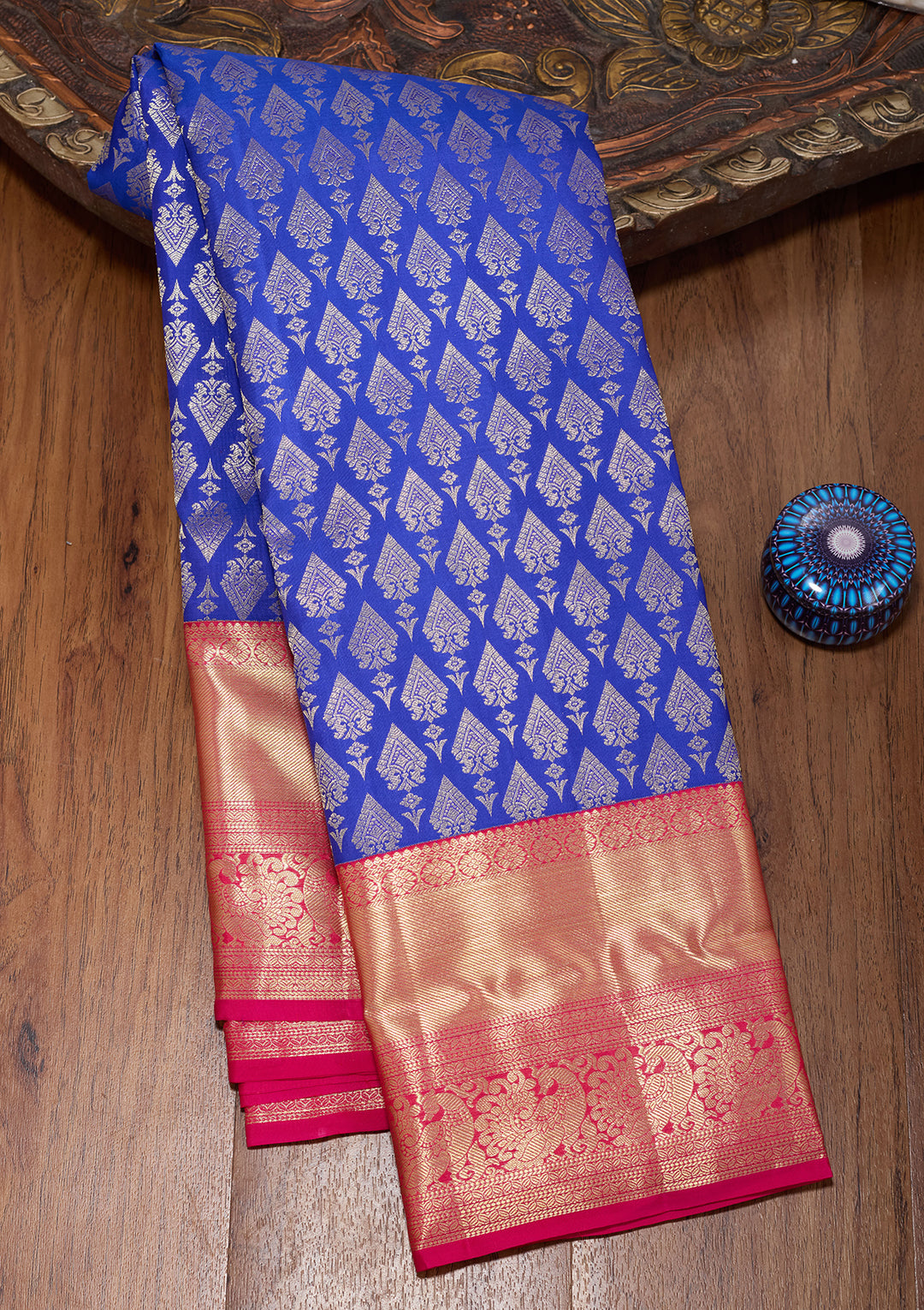 Royal Blue Pure Silk Jaal Saree With Matching Blouse Piece