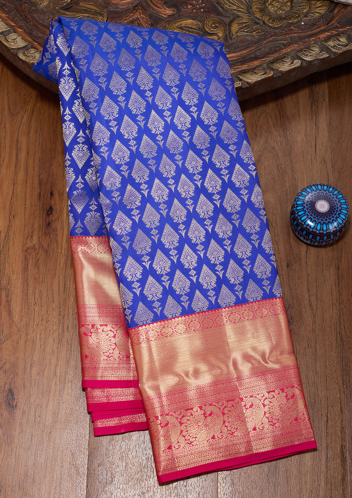 Royal Blue Pure Silk Jaal Saree With Matching Blouse Piece