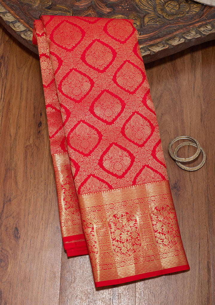 Red Pure Silk Jaal Saree With Matching Blouse Piece