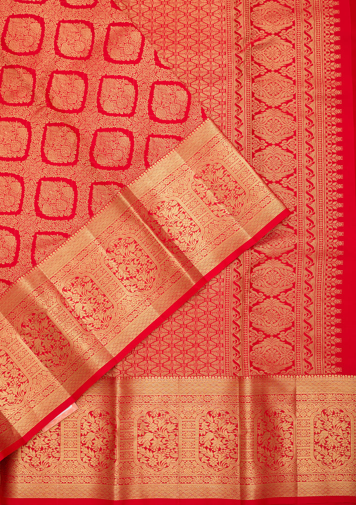 Red Pure Silk Jaal Saree With Matching Blouse Piece
