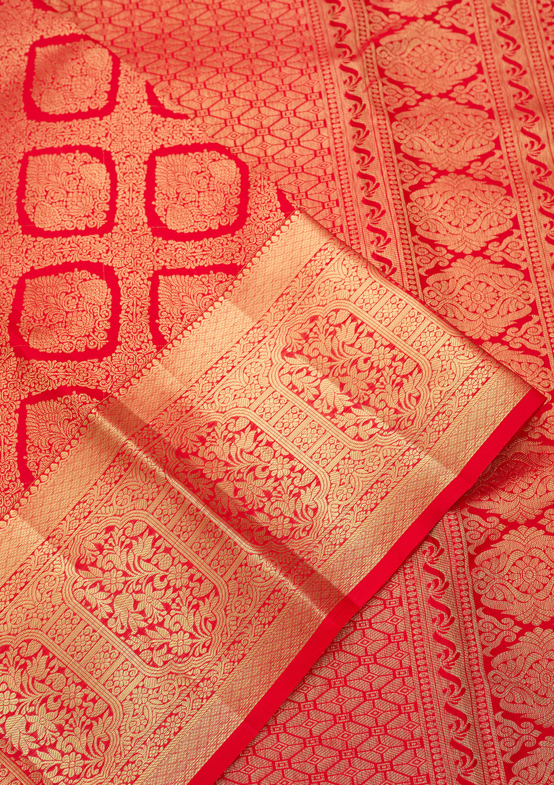 Red Pure Silk Jaal Saree With Matching Blouse Piece