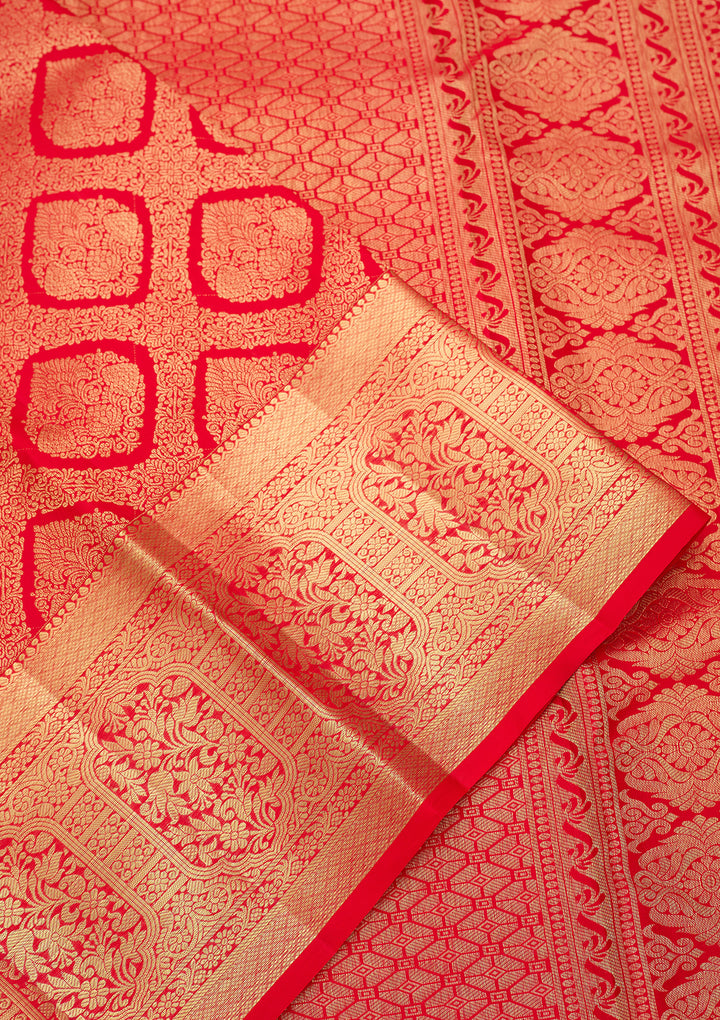 Red Pure Silk Jaal Saree With Matching Blouse Piece