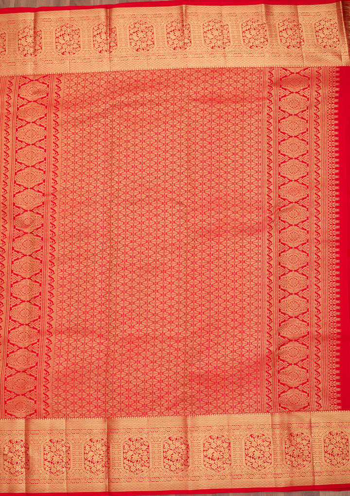 Red Pure Silk Jaal Saree With Matching Blouse Piece