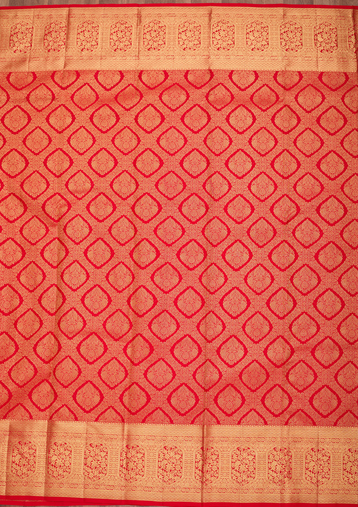 Red Pure Silk Jaal Saree With Matching Blouse Piece