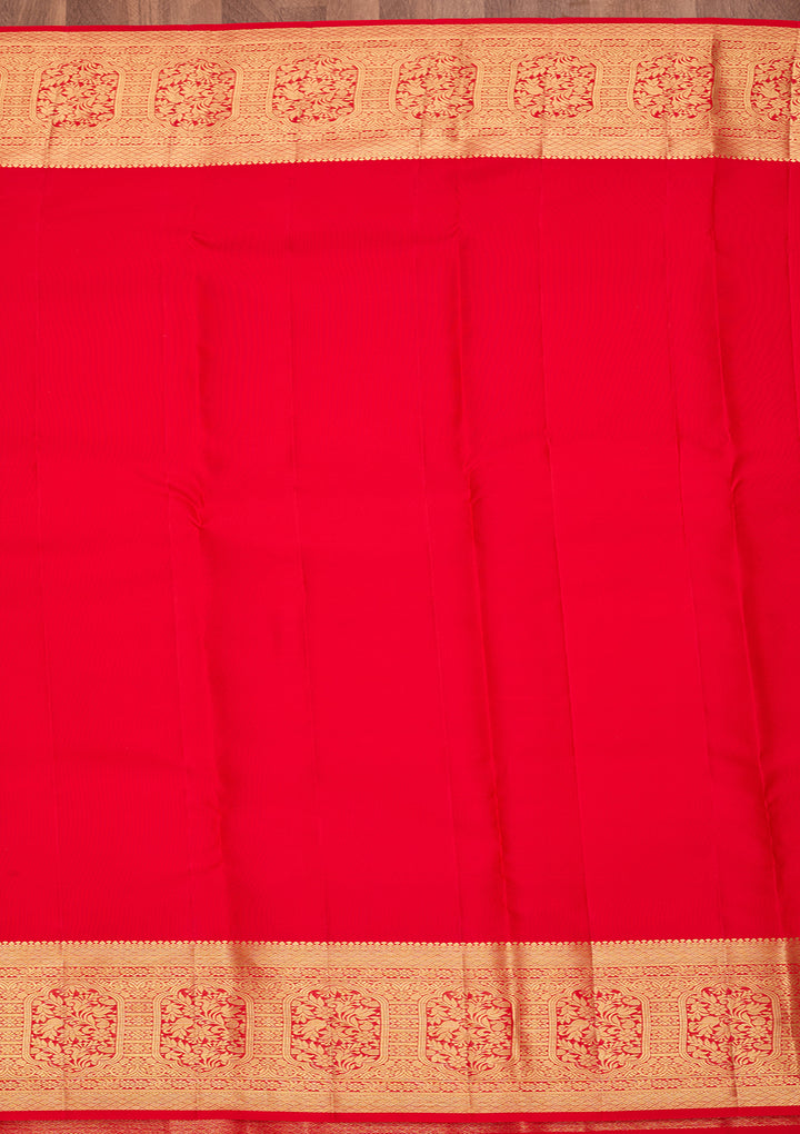 Red Pure Silk Jaal Saree With Matching Blouse Piece
