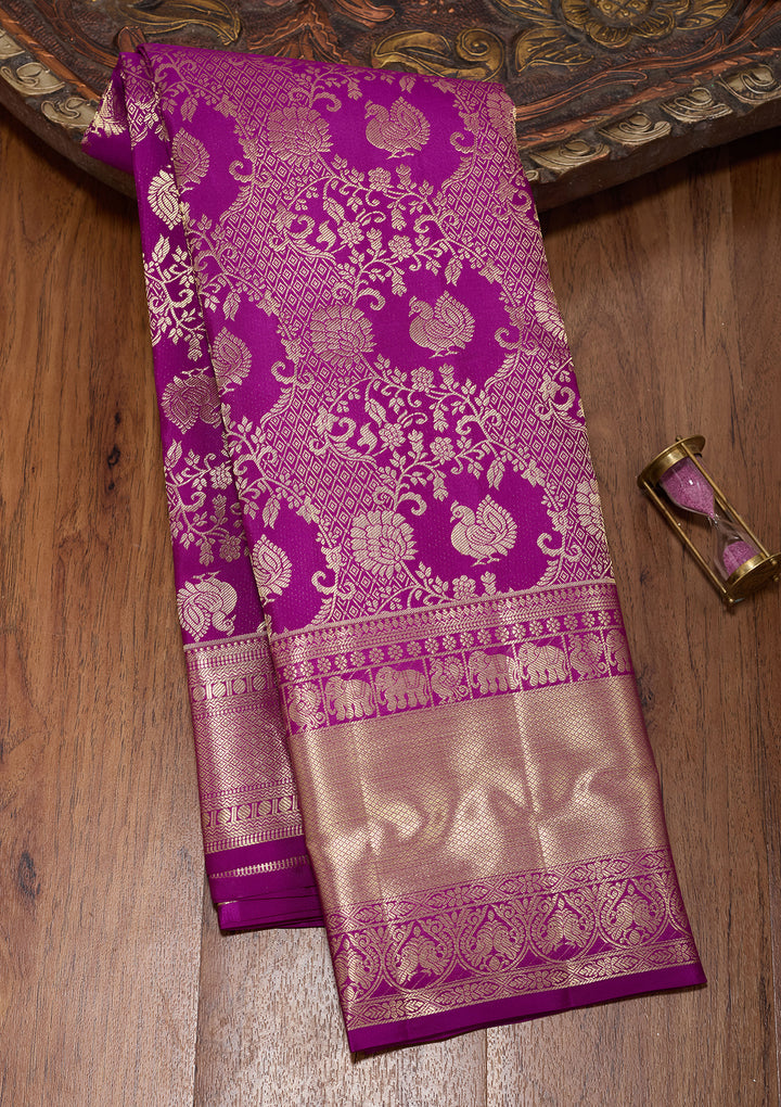 Magenta Pink Pure Silk Jaal Saree With Matching Blouse Piece