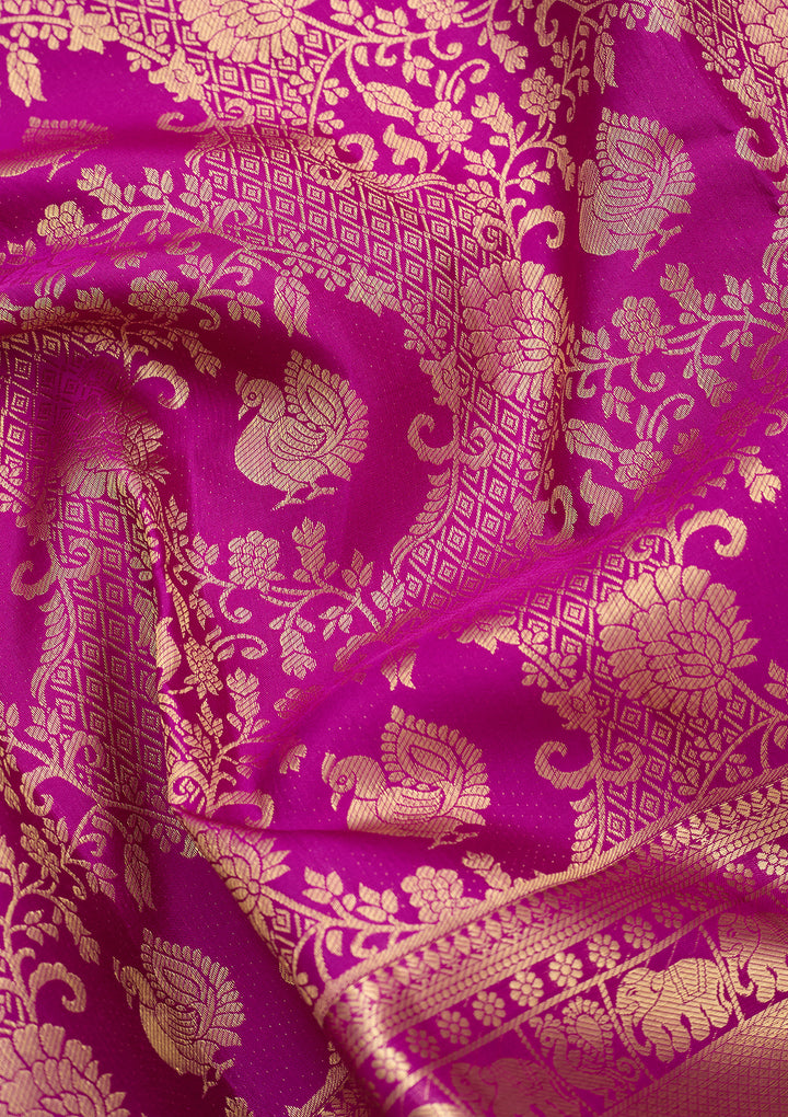 Magenta Pink Pure Silk Jaal Saree With Matching Blouse Piece