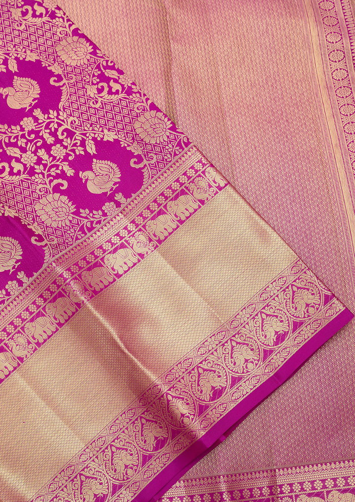 Magenta Pink Pure Silk Jaal Saree With Matching Blouse Piece