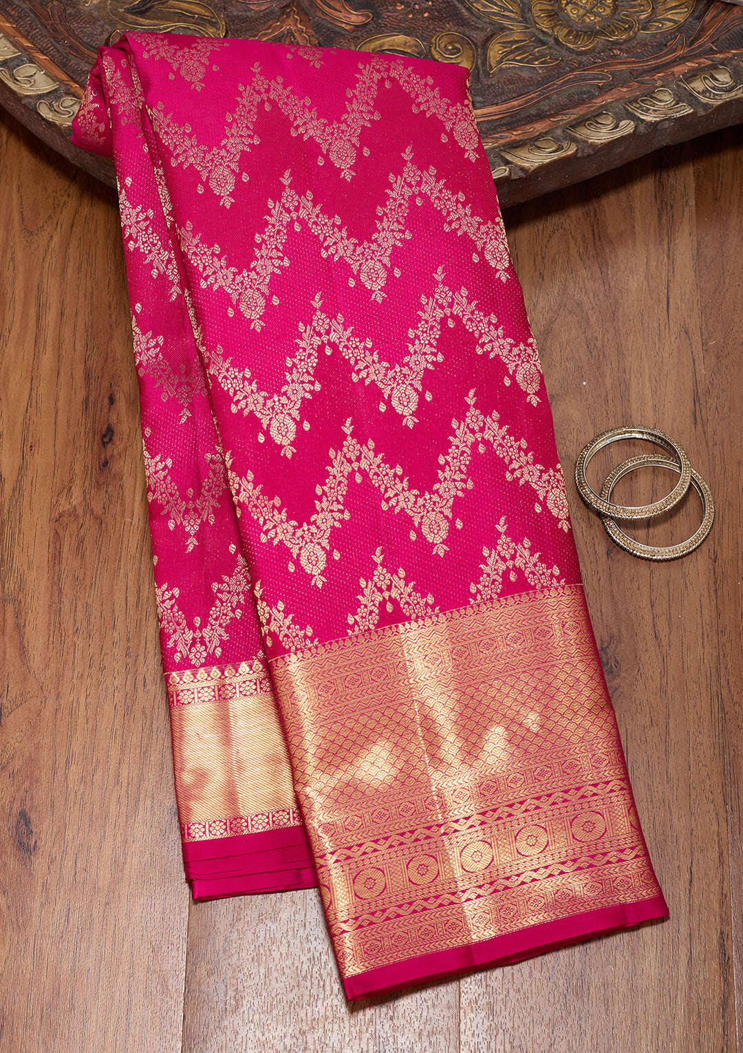 Rani Pink Pure Silk Jaal Saree With Matching Blouse Piece