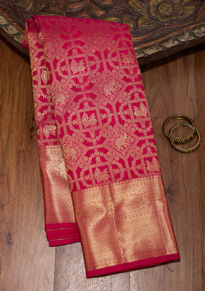 Rani Pink Pure Silk Jaal Saree With Matching Blouse Piece