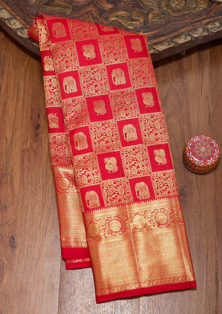 Red Pure Silk Jaal Saree With Matching Blouse Piece