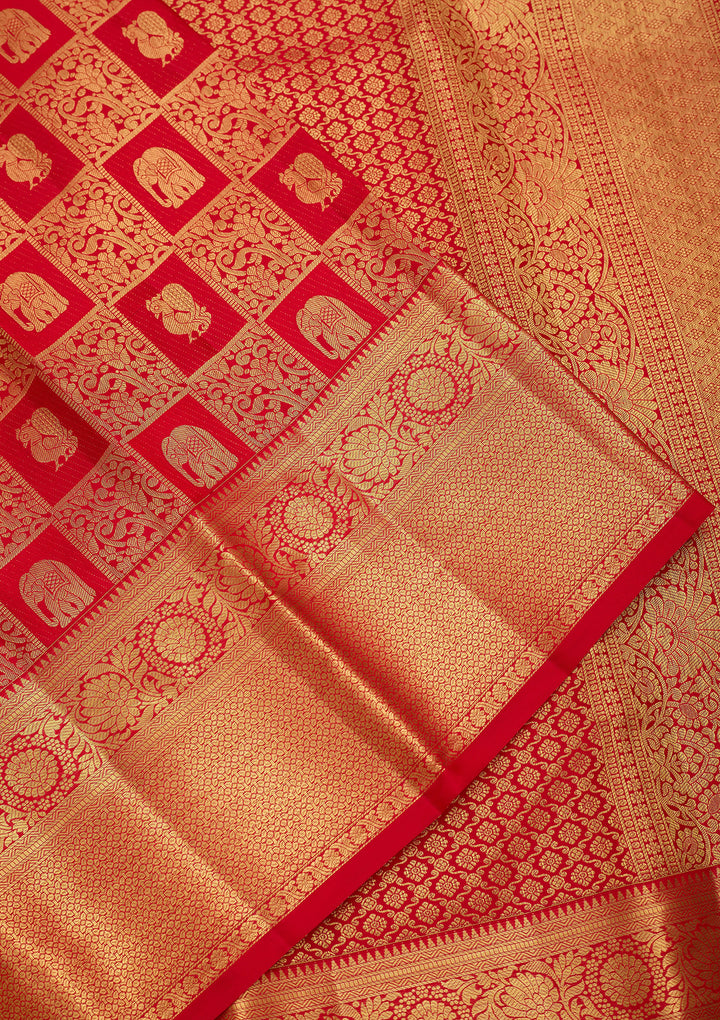 Red Pure Silk Jaal Saree With Matching Blouse Piece