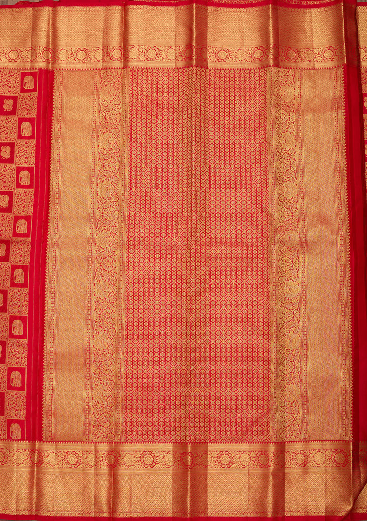 Red Pure Silk Jaal Saree With Matching Blouse Piece