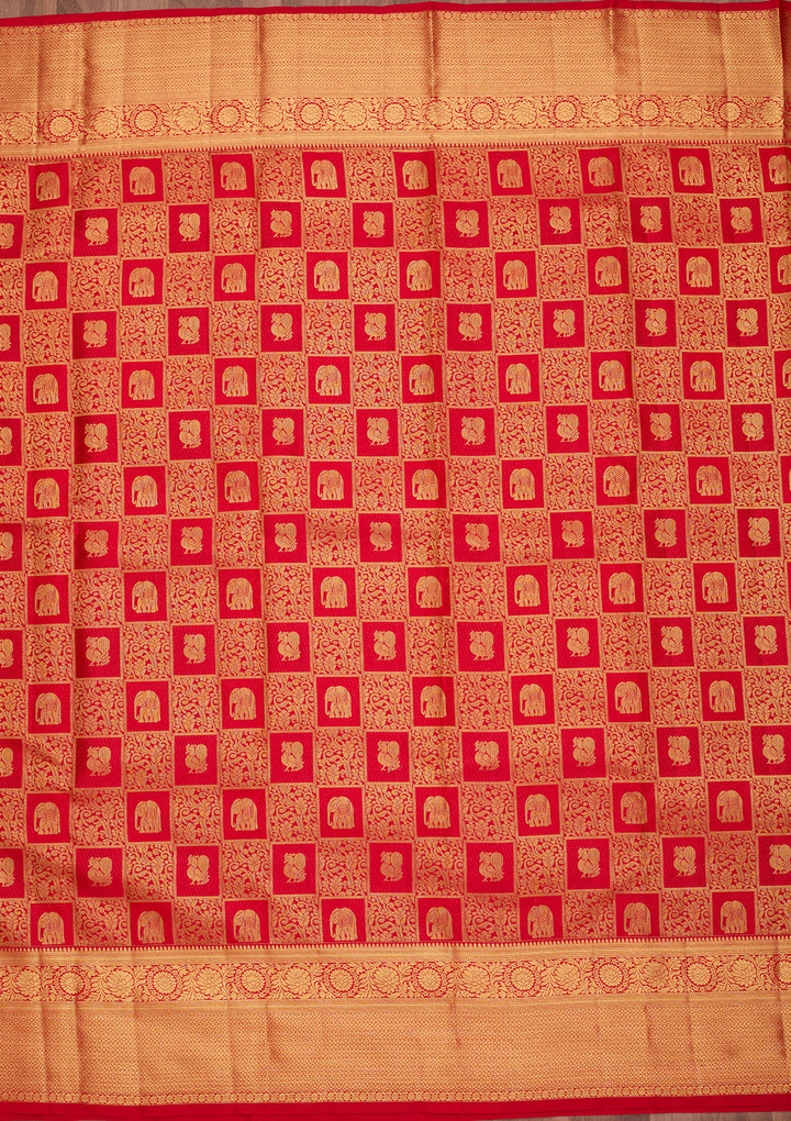 Red Pure Silk Jaal Saree With Matching Blouse Piece