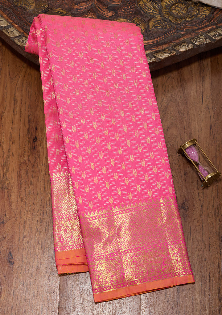 Pink Pure Silk Jaal Saree With Matching Blouse Piece
