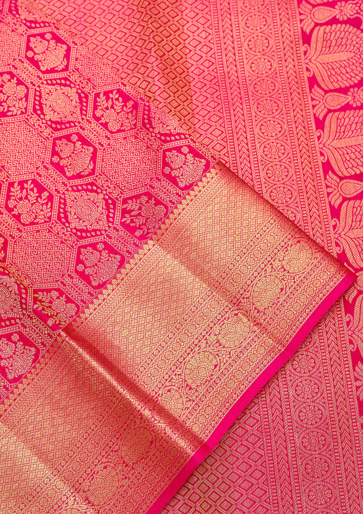 Rani Pink Pure Silk Jaal Saree With Matching Blouse Piece
