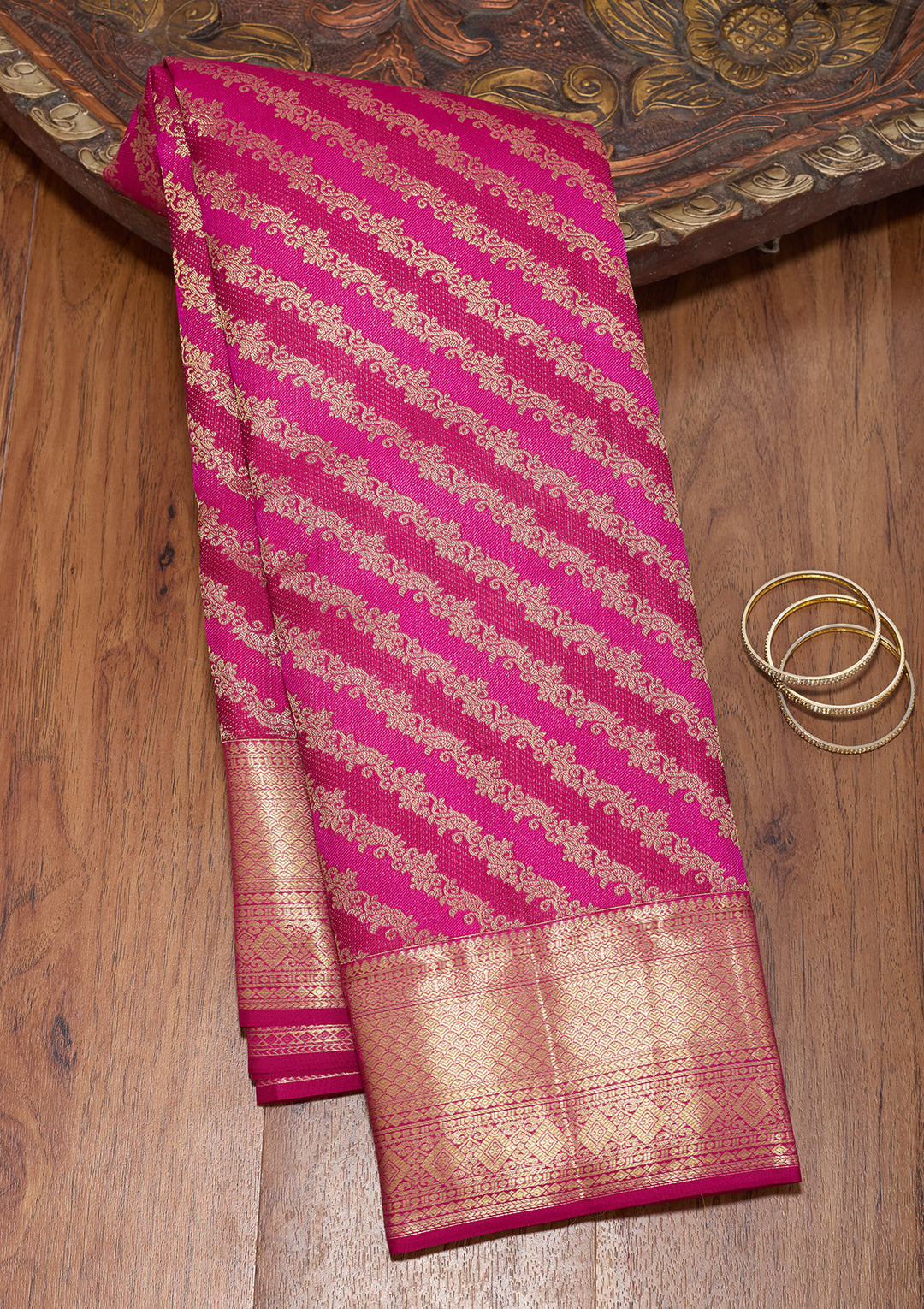 Magenta Pink Pure Silk Stripes Saree With Matching Blouse Piece