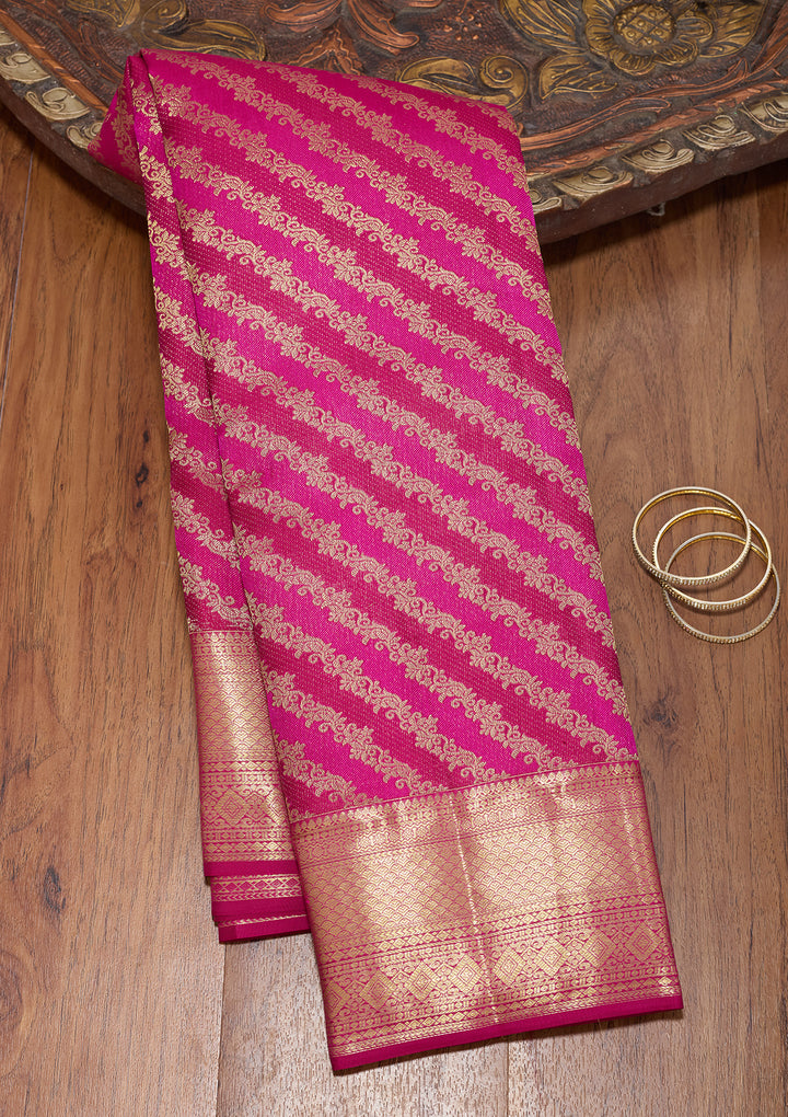 Magenta Pink Pure Silk Stripes Saree With Matching Blouse Piece