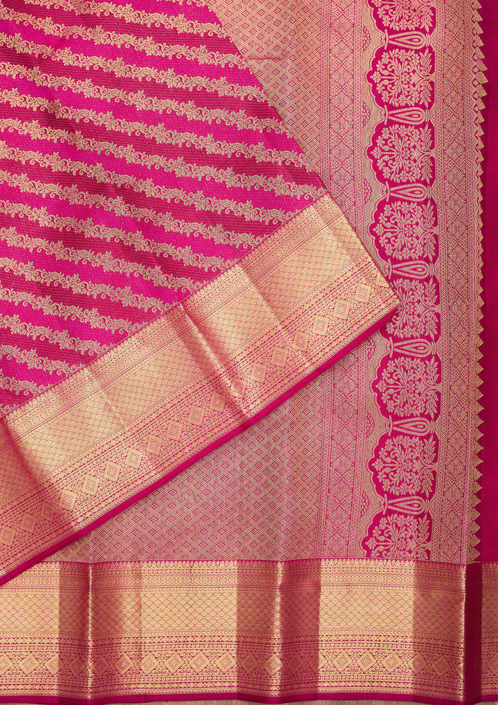 Magenta Pink Pure Silk Stripes Saree With Matching Blouse Piece